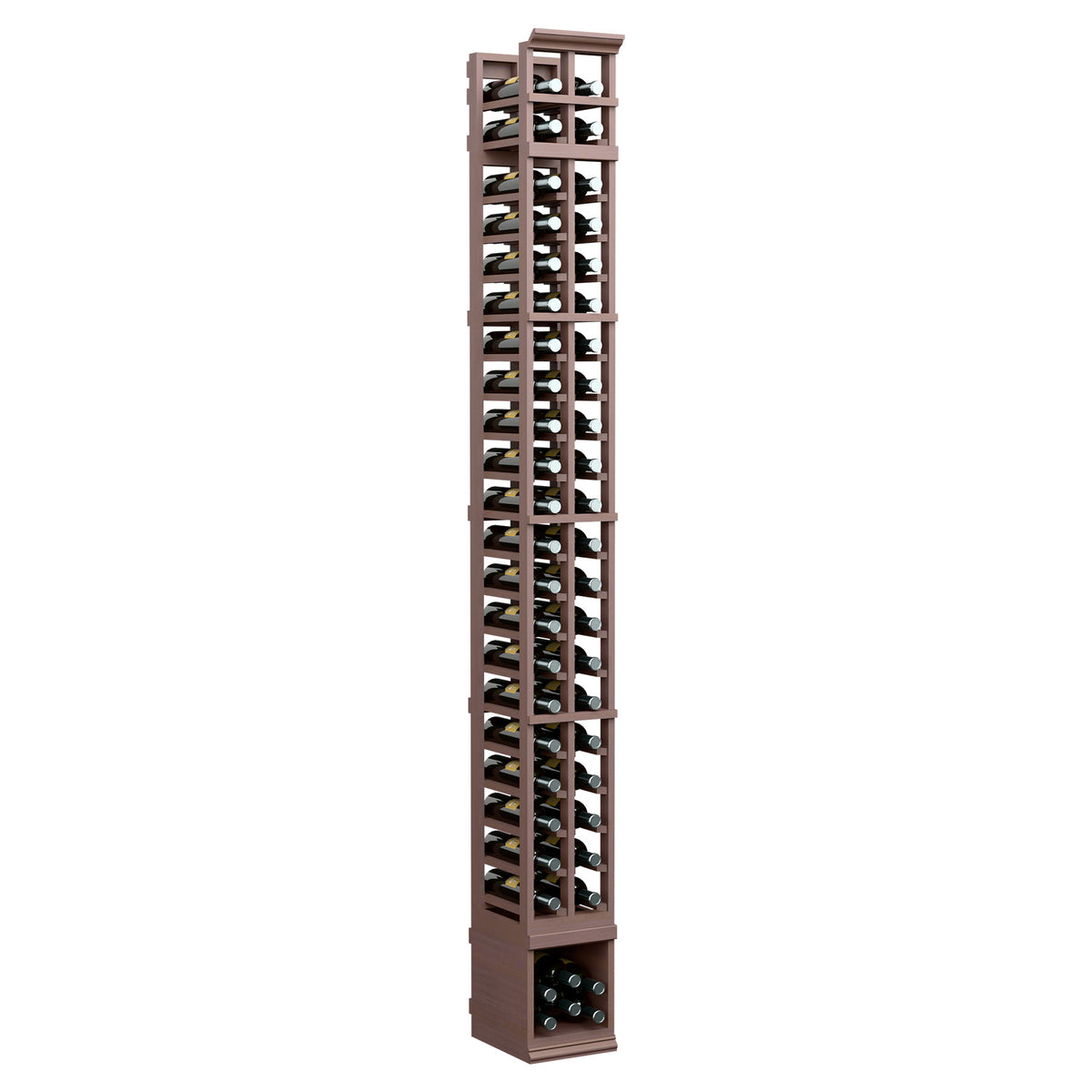 Two-column wine bottle storage rack, dark stained wood, front view with bottle slots