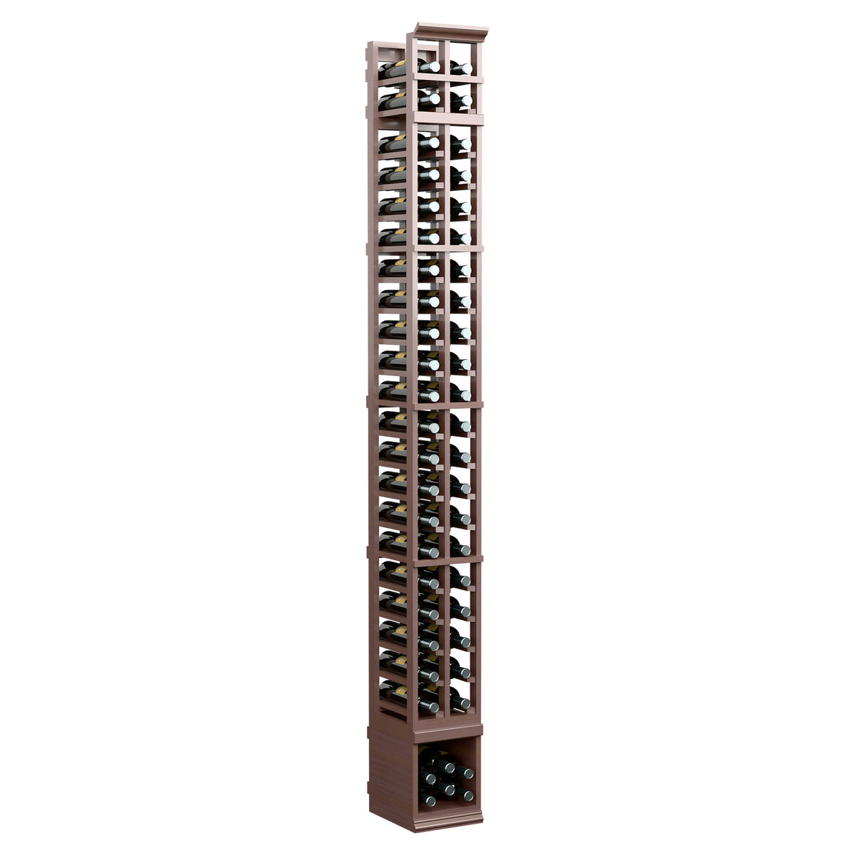 Two-column wine bottle storage rack, dark wood finish, front view with two storage rows