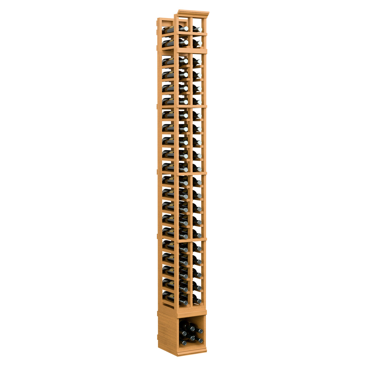 Two-column wine bottle storage rack, honey-colored wood, front view with bottle openings