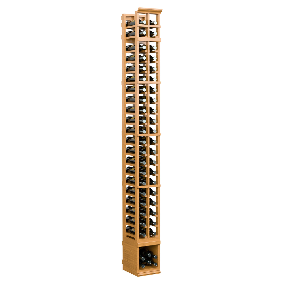 Two-column wine bottle storage rack, light honey wood, front view with stacked bottle slots
