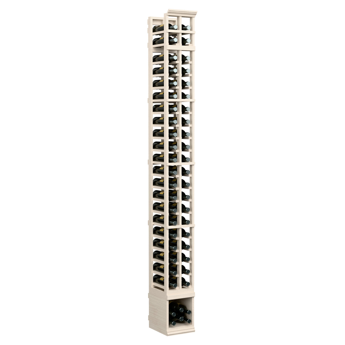 Two-column wine bottle storage rack, white-washed wood, front view with bottle openings