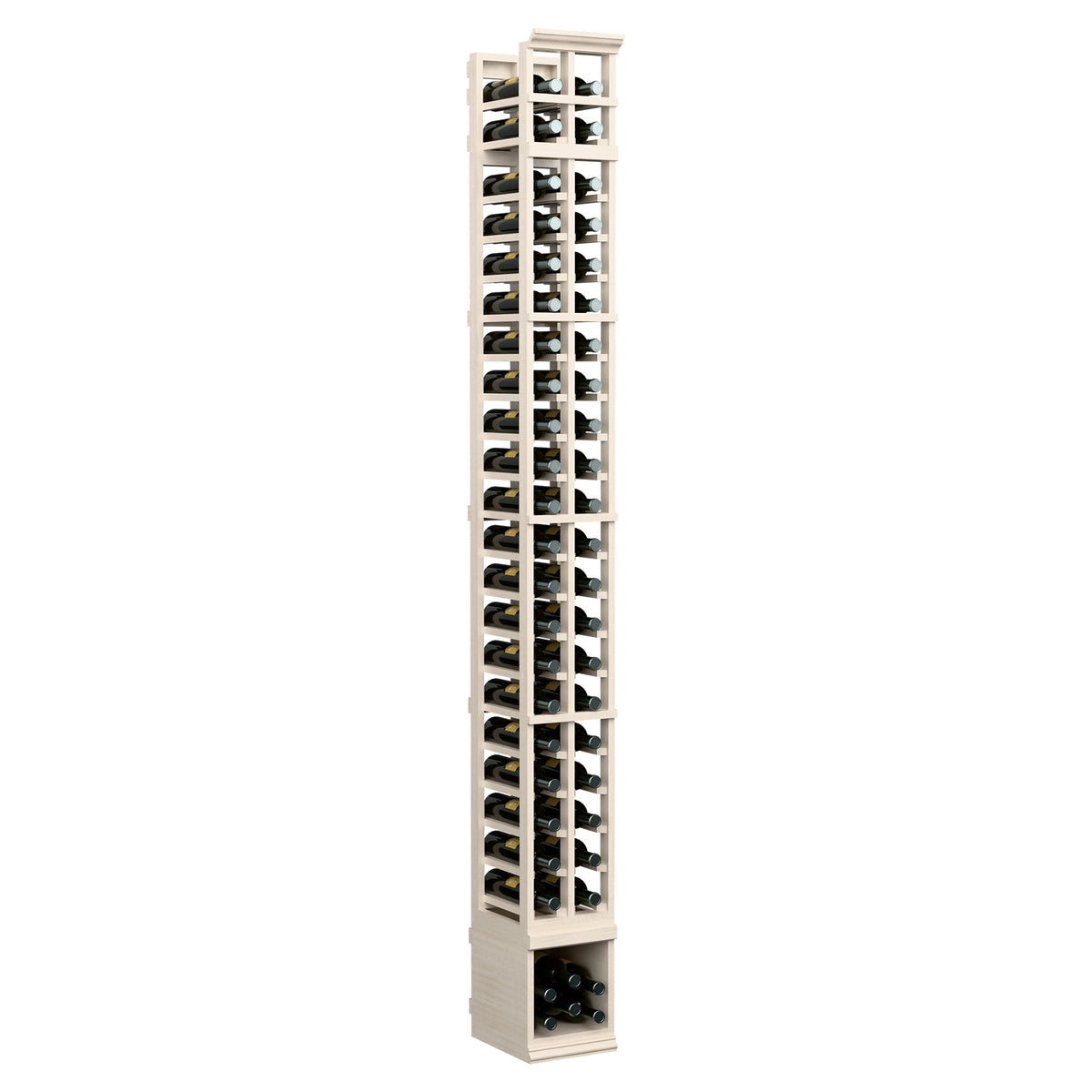 Two-column wine bottle storage rack, white-washed wood tone, front view with two columns