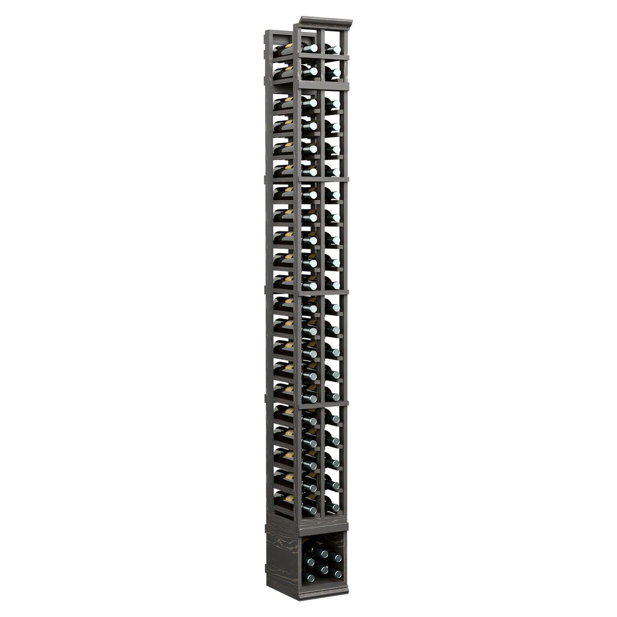Dark wooden 2-column wine bottle rack, tall lattice slots and bottom bottle openings.