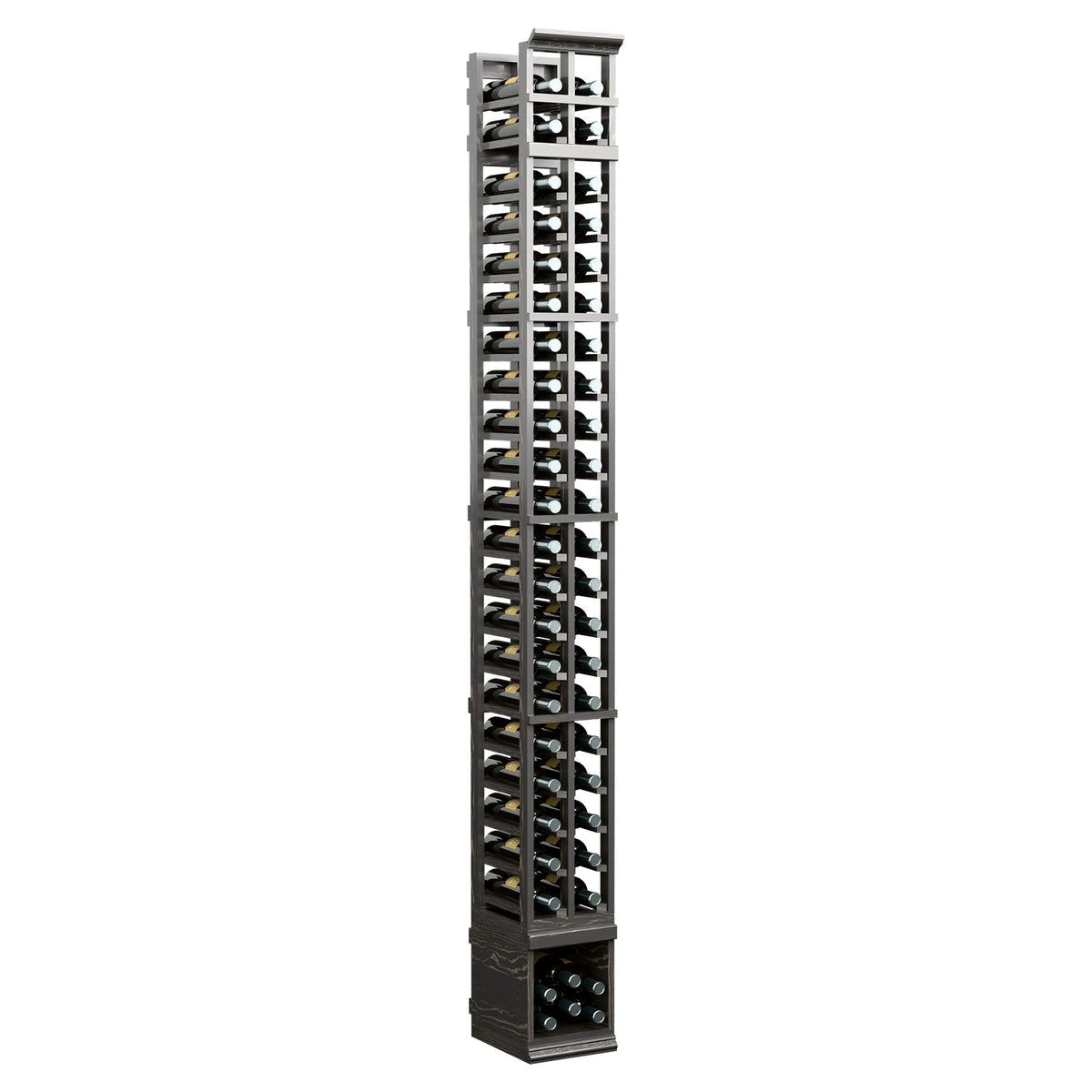 Black wooden 2-column wine bottle rack, tall lattice shelves and bottom bottle openings.
