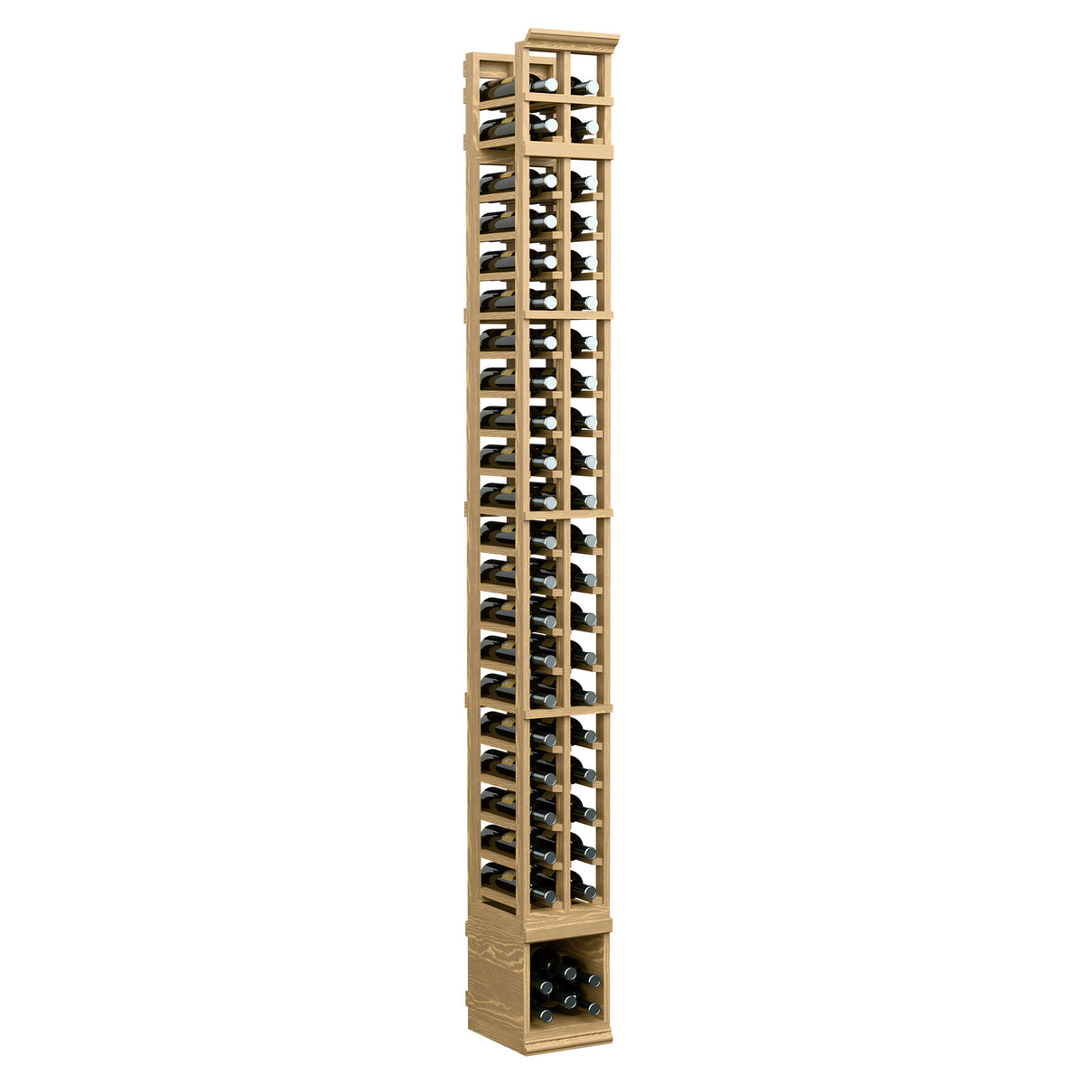 Natural-toned wooden 2-column wine bottle rack, tall lattice shelves and bottom bottle openings.
