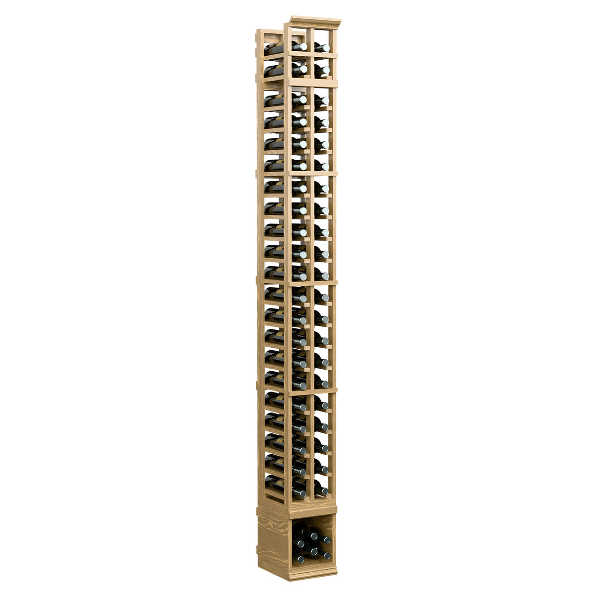 Light tan wooden 2-column wine bottle rack, tall lattice slots and bottom bottle openings.