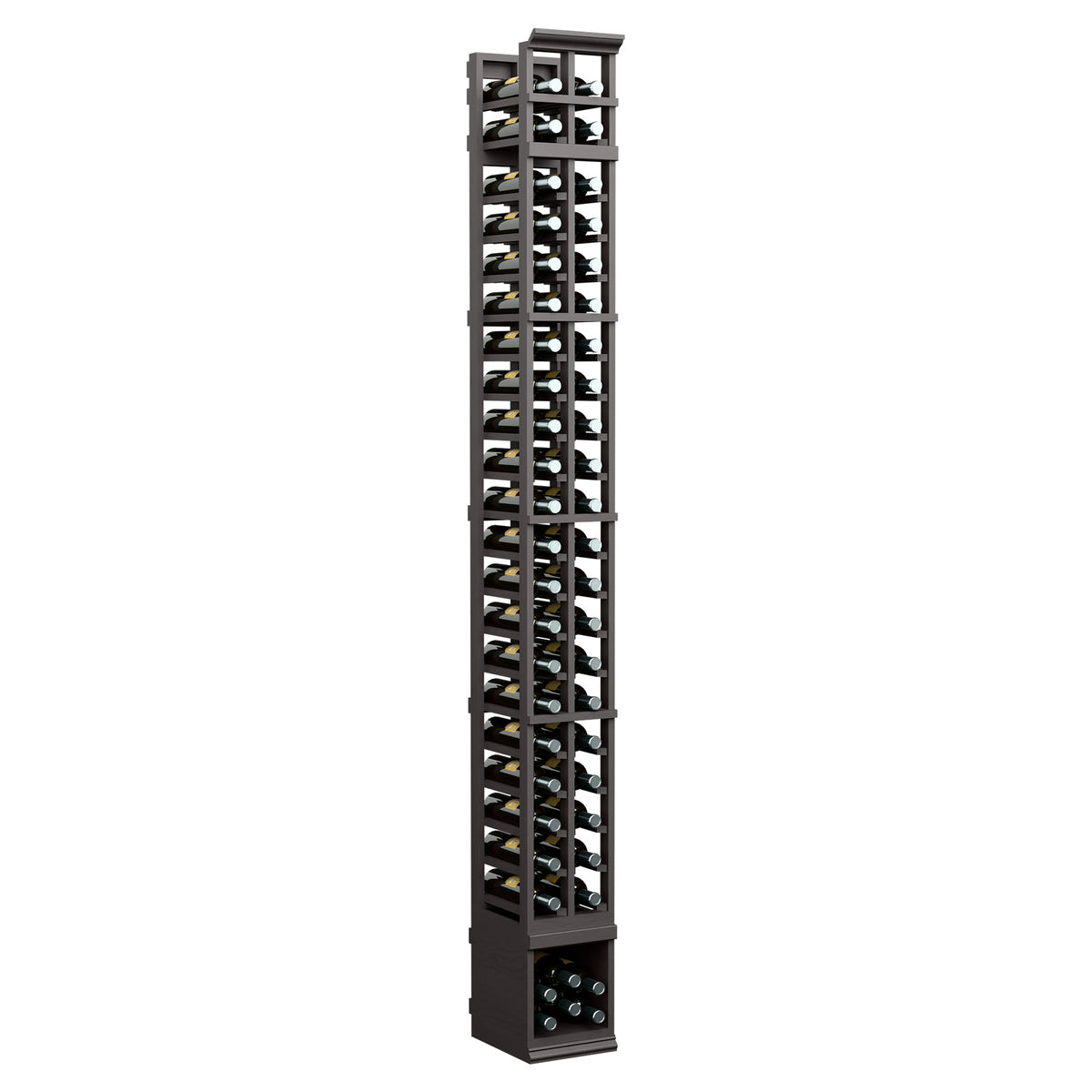 Dark gray wooden 2-column wine bottle rack, tall lattice shelves and bottom bottle openings.