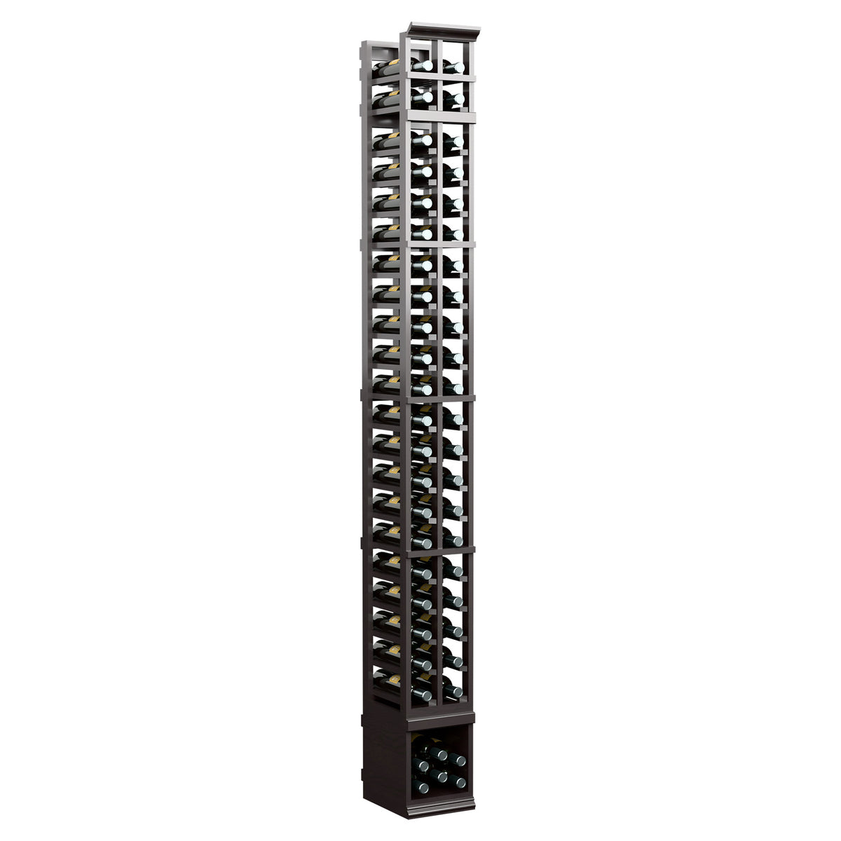 Charcoal-toned wooden 2-column wine bottle rack, tall lattice slots and bottom bottle openings.