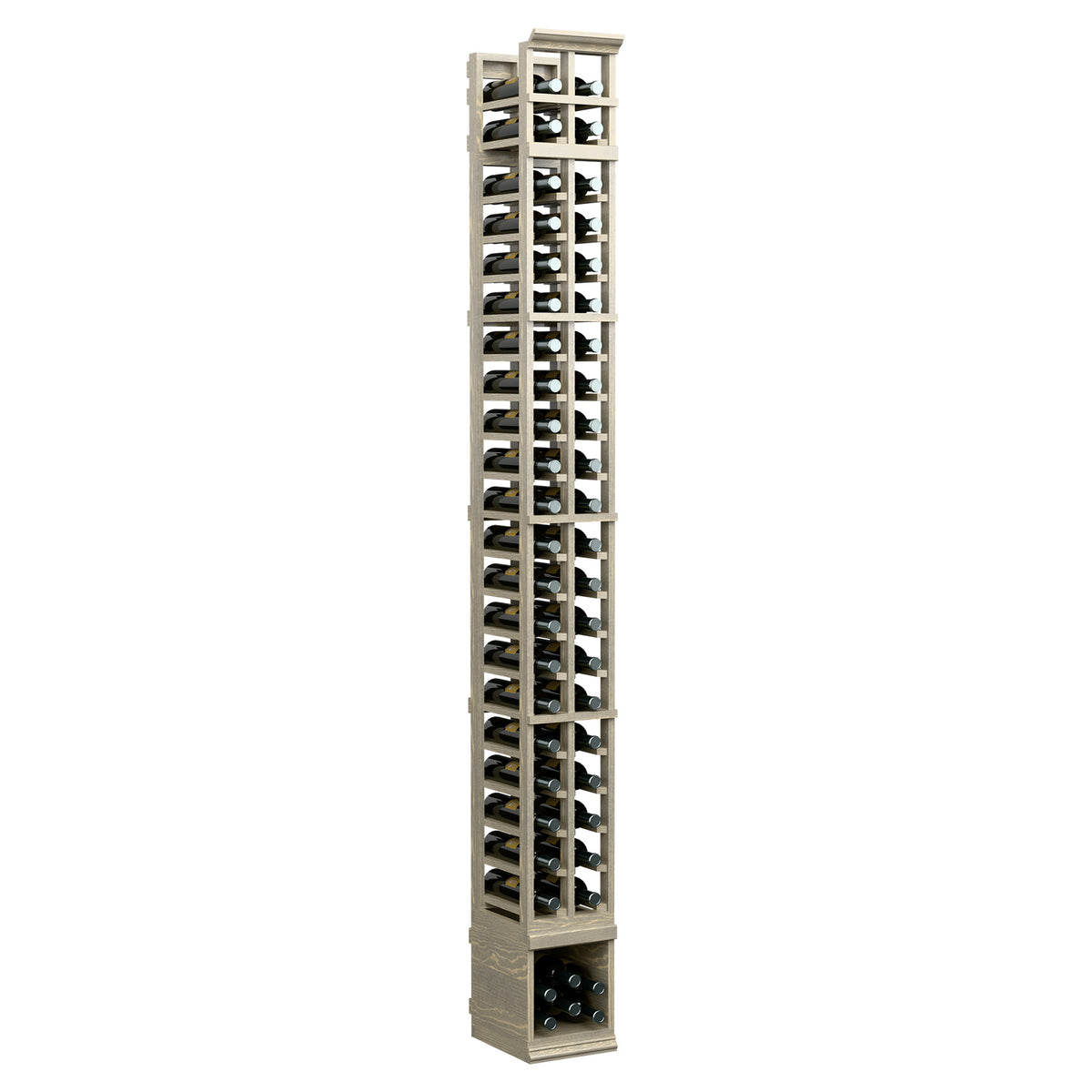 2-column wooden wine bottle rack, vertical holders, light finish, angled front view