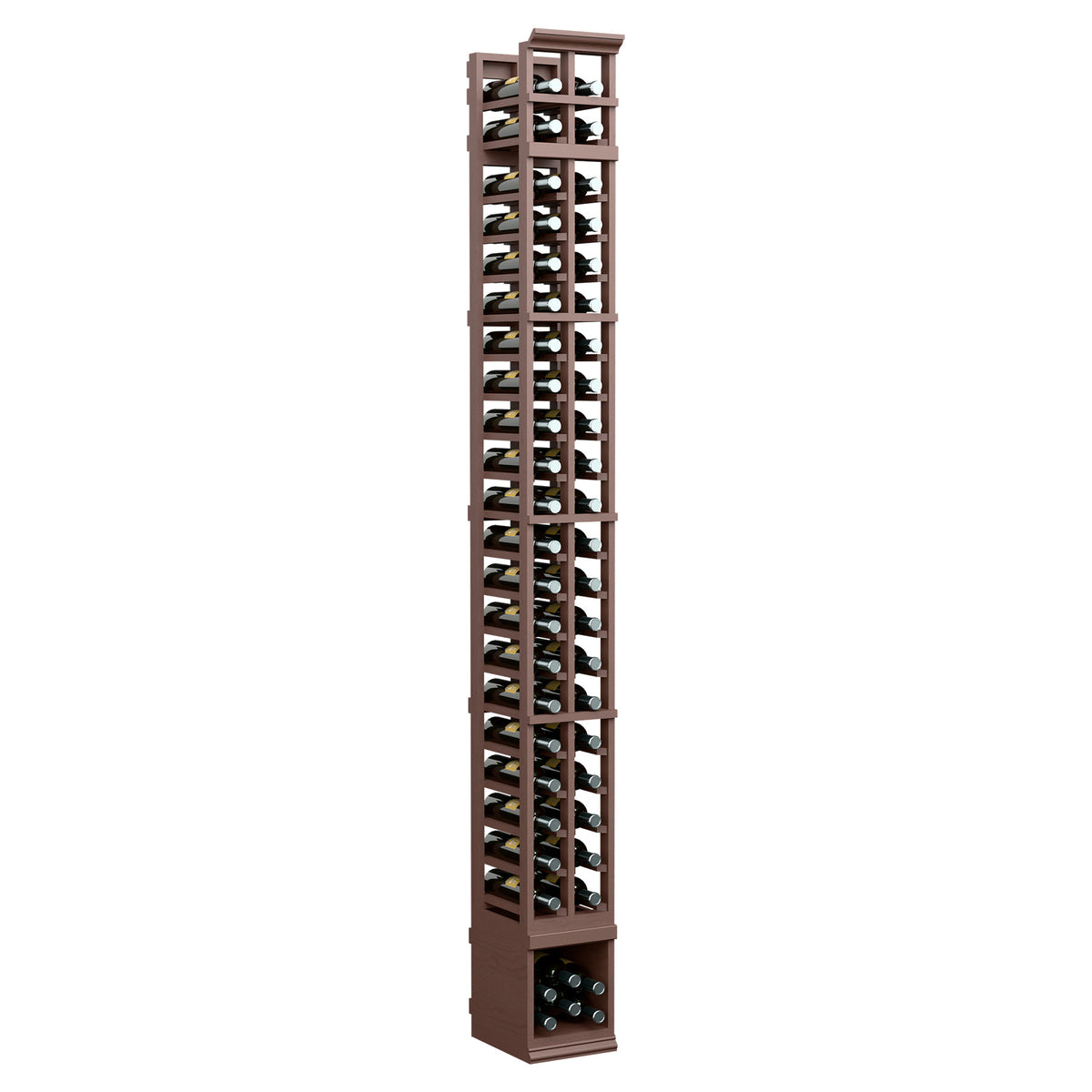 2-column wooden wine bottle rack, vertical holders, dark brown finish, front view