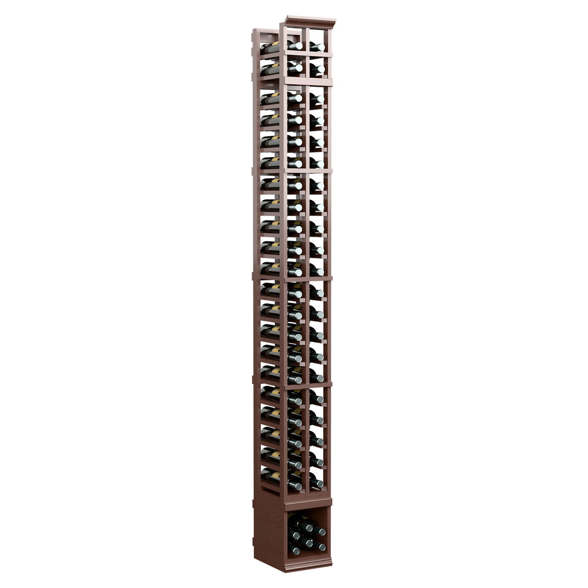 2-column wooden wine bottle rack, vertical bottle rows, dark brown finish, side profile