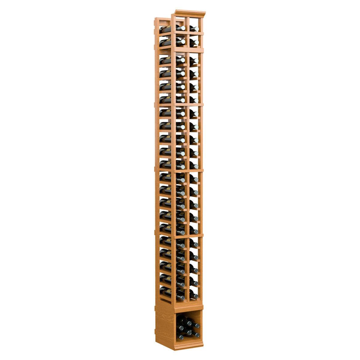 2-column wooden wine bottle rack, vertical holders, warm tan finish, narrow side view