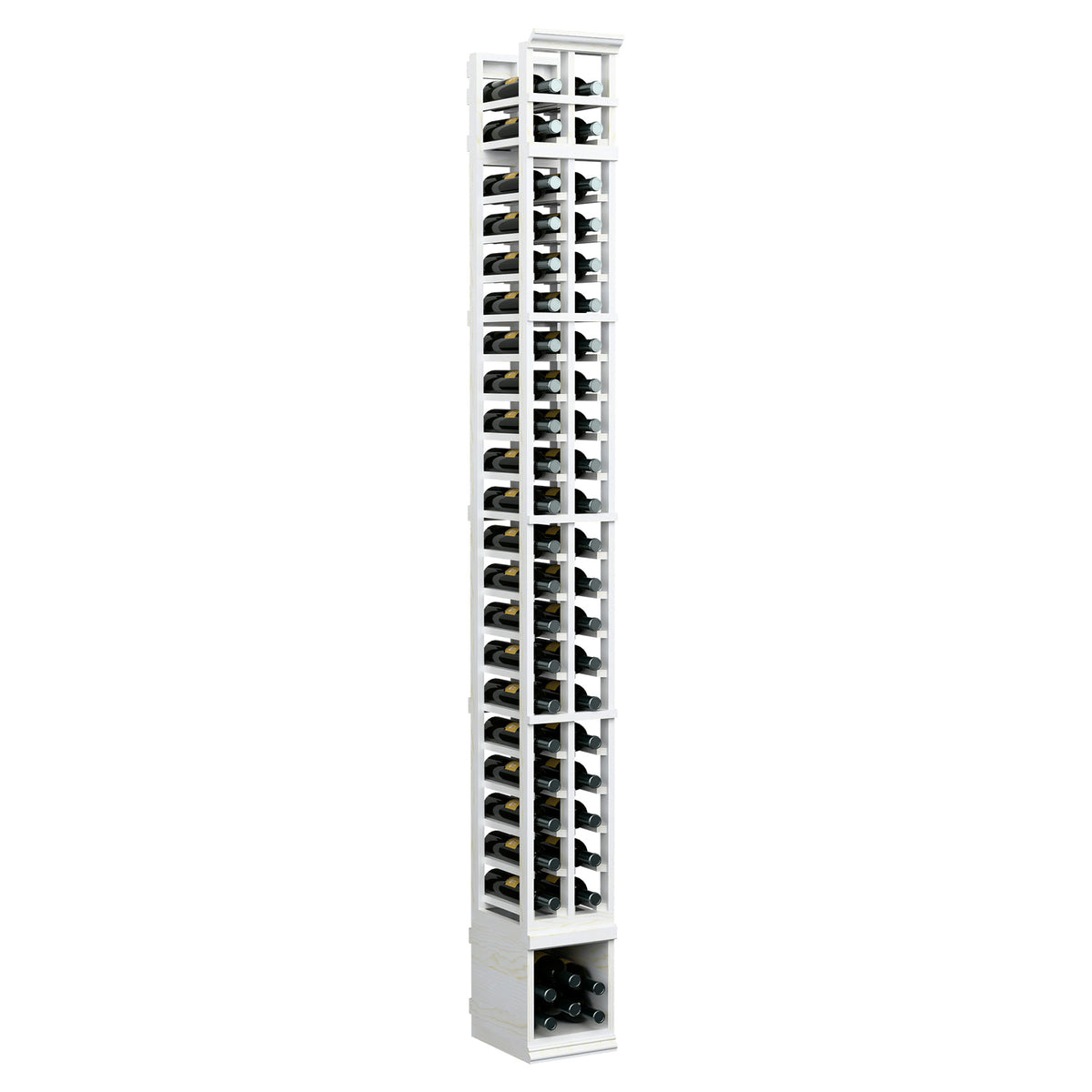 2-column wooden wine bottle rack, vertical bottle rows, white finish, angled front view