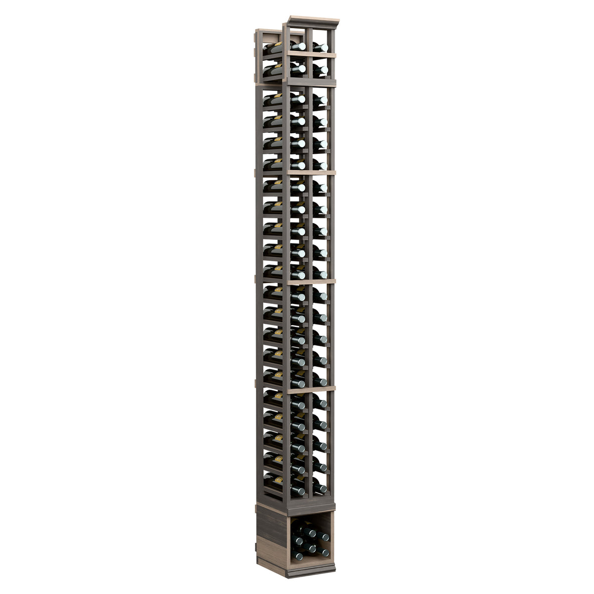 Dark 8 ft wooden wine bottle rack with two columns of bottle cradles.