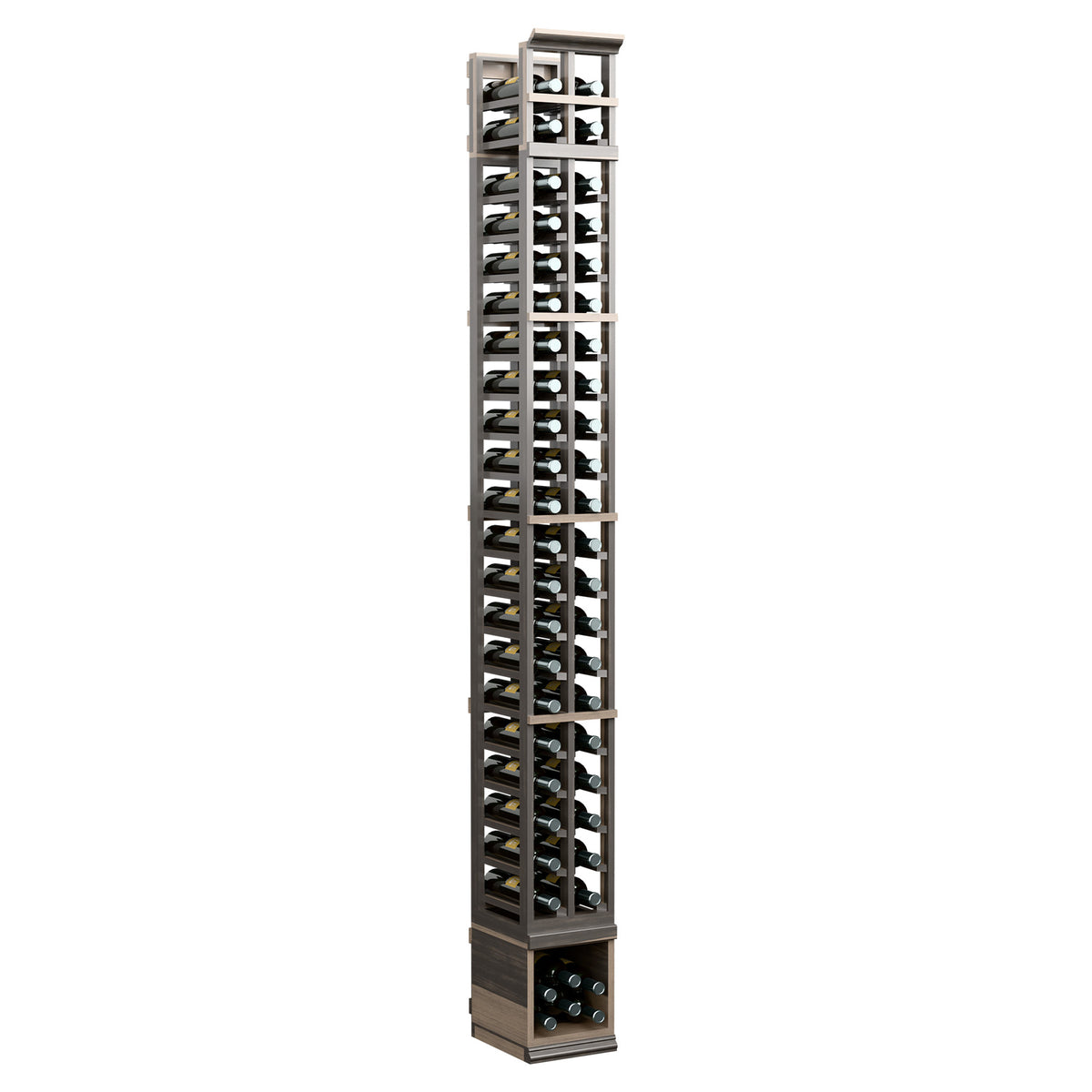 Dark 8 ft wine bottle rack with two vertical columns of bottle slots.
