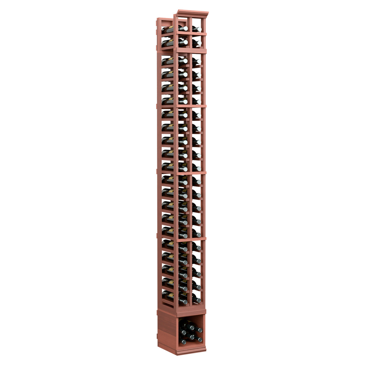 Red 8 ft wooden wine bottle rack with two columns of bottle cradles.