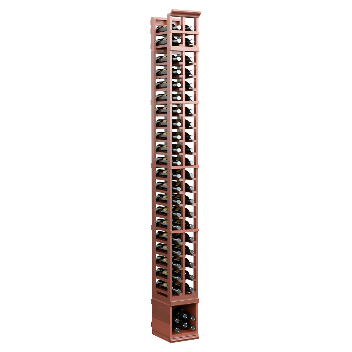 Red 8 ft wine rack with a two-column design and open bottle slots.
