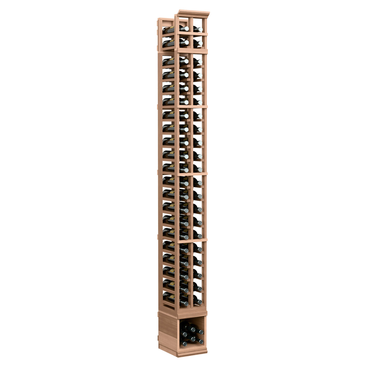 Light wood 8 ft wine bottle rack with two columns of bottle cradles.