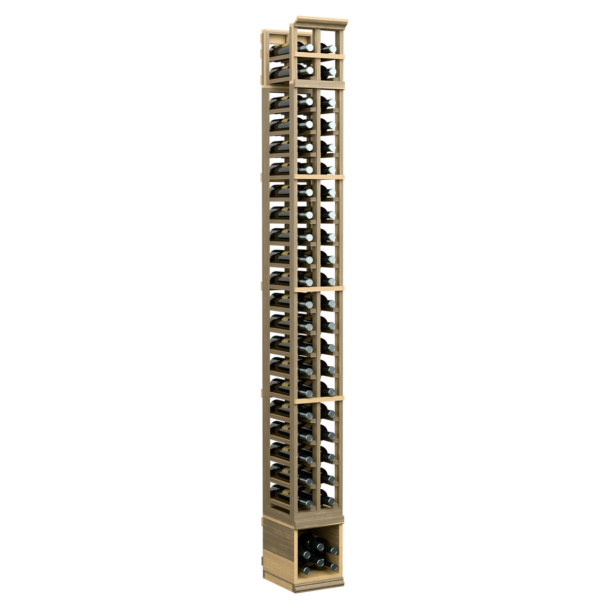 Natural wood 8 ft two-column wine bottle rack with bottle slots.