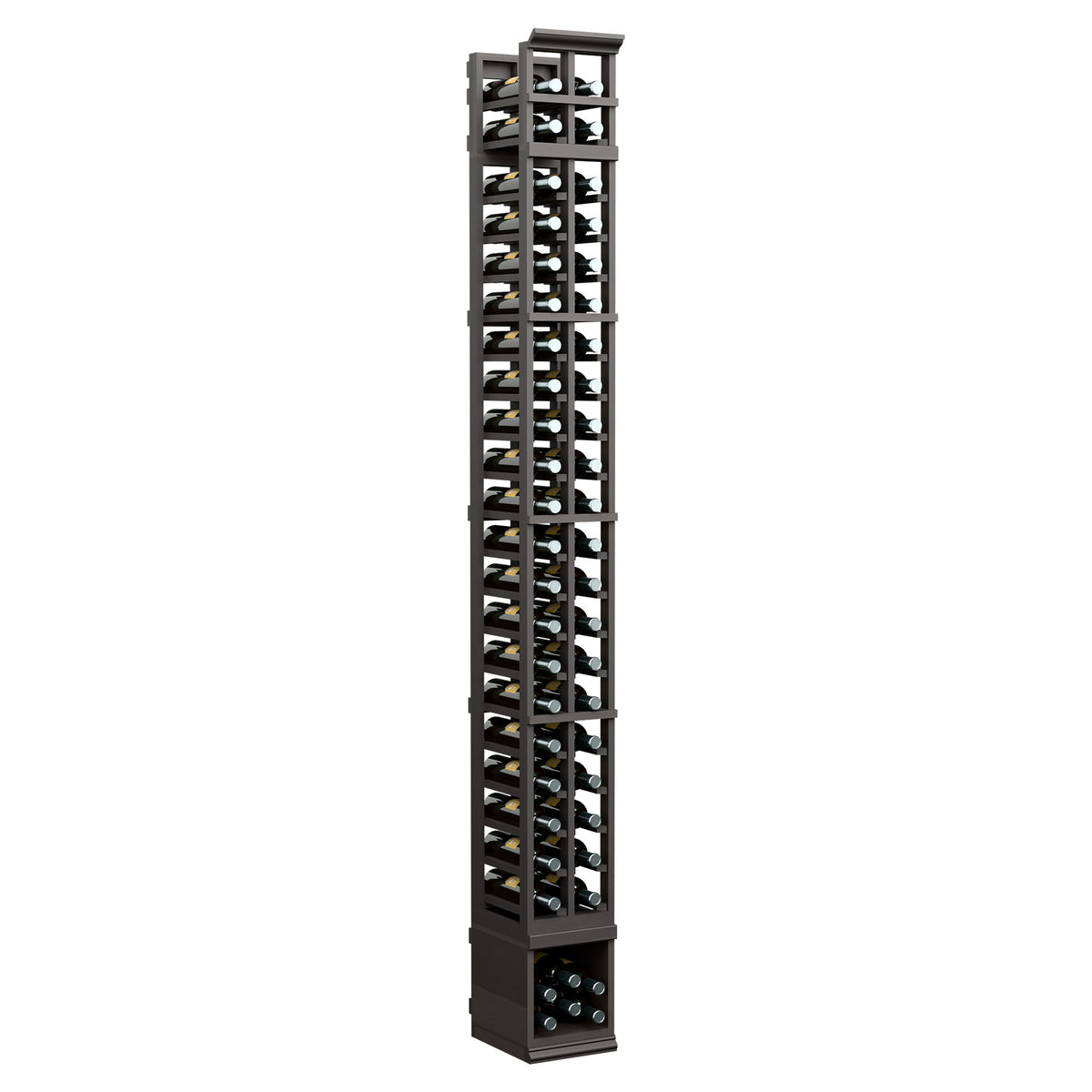 Dark brown 8 ft wooden wine bottle rack with two columns of bottle cradles.