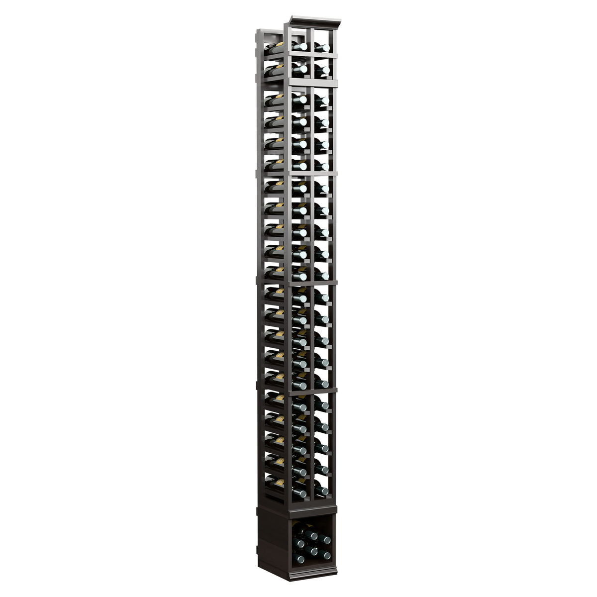 Black 8 ft wooden wine bottle rack with two vertical columns of bottle slots.