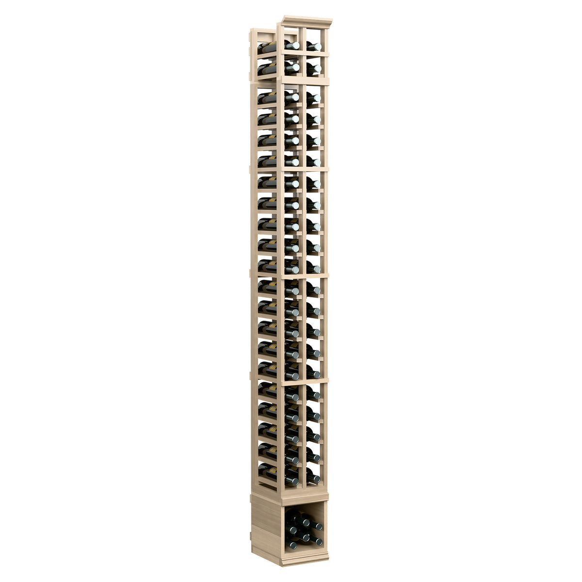 Two-column vertical wine bottle rack, light wood with bottle slots and front base