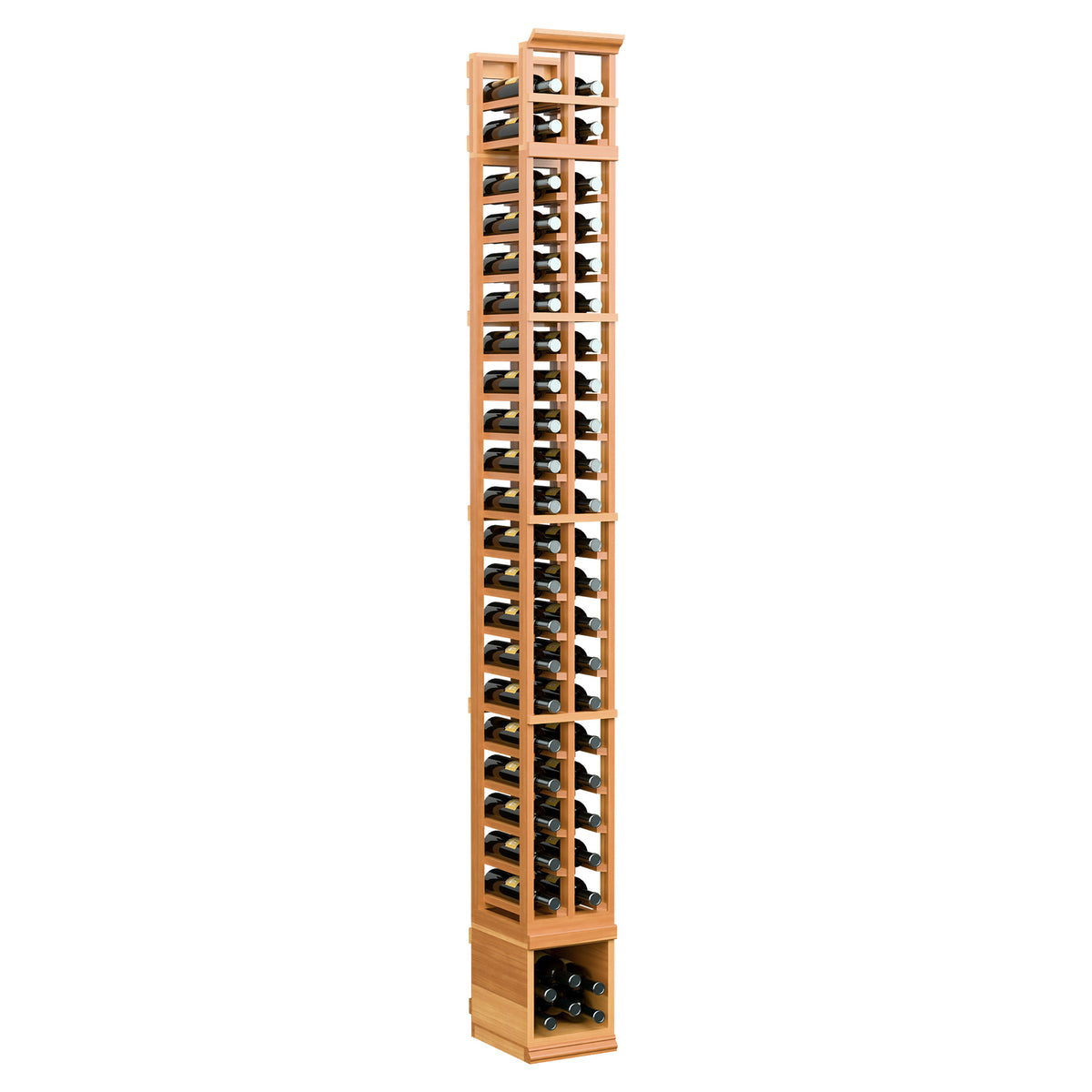 Two-column vertical wine bottle rack, warm wood finish with wine bottle cubby window