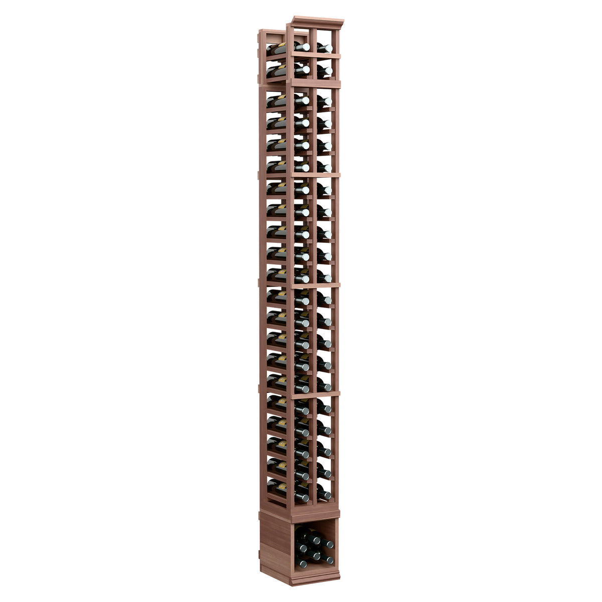 Two-column vertical wine bottle rack with grid slots, dark brown wood finish