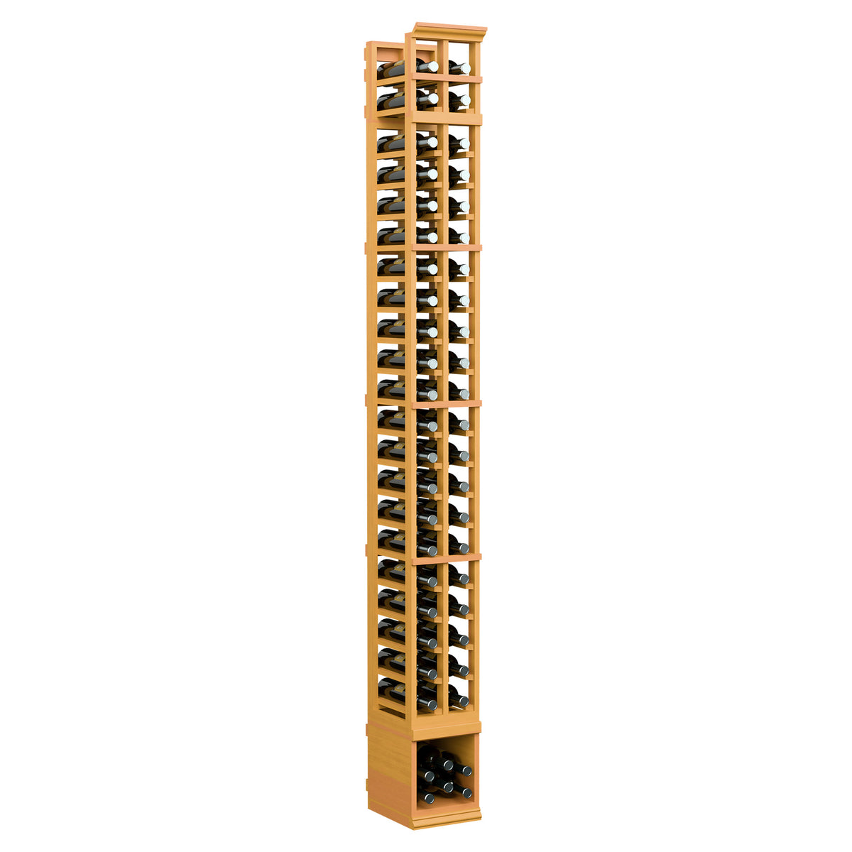 Two-column vertical wine bottle rack with grid shelves, golden wood finish