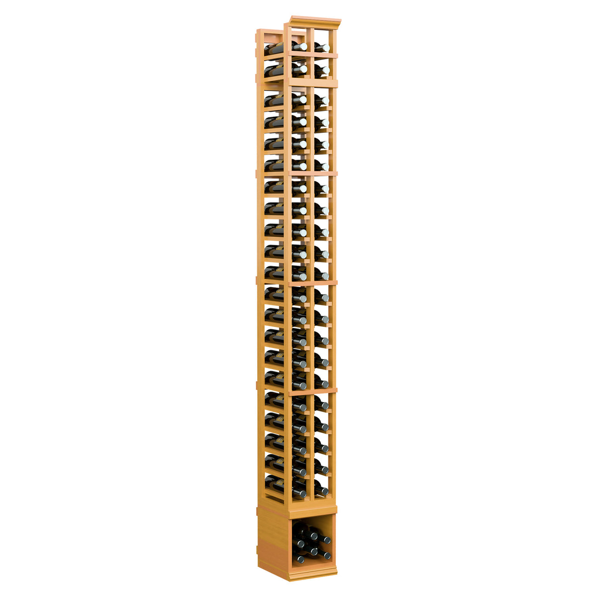 Two-column vertical wine bottle rack, golden wood with visible bottle holes and base