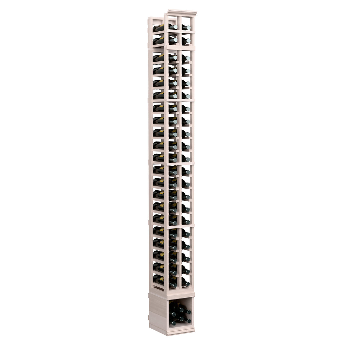 Two-column vertical wine bottle rack, light grey wood tone with front bottle storage