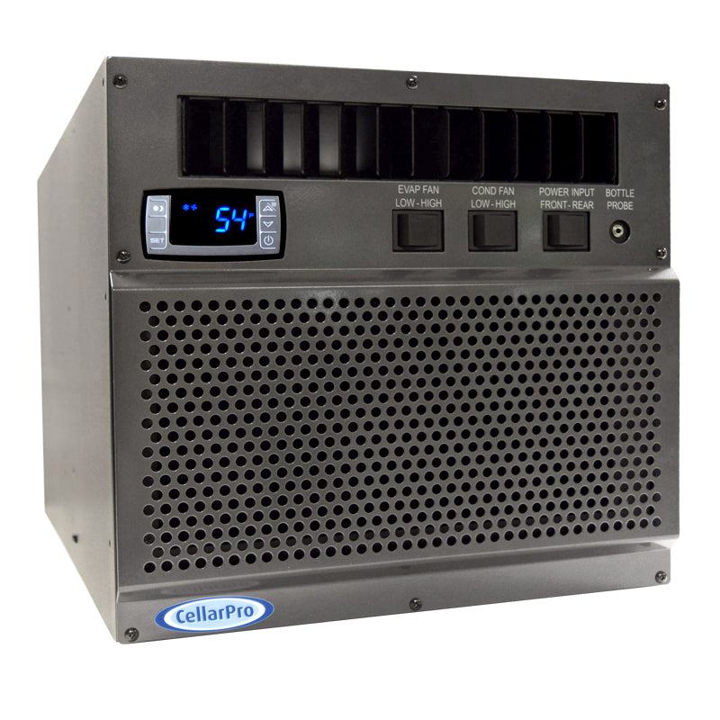 Wine cooling unit front panel with perforated grille and digital temperature display