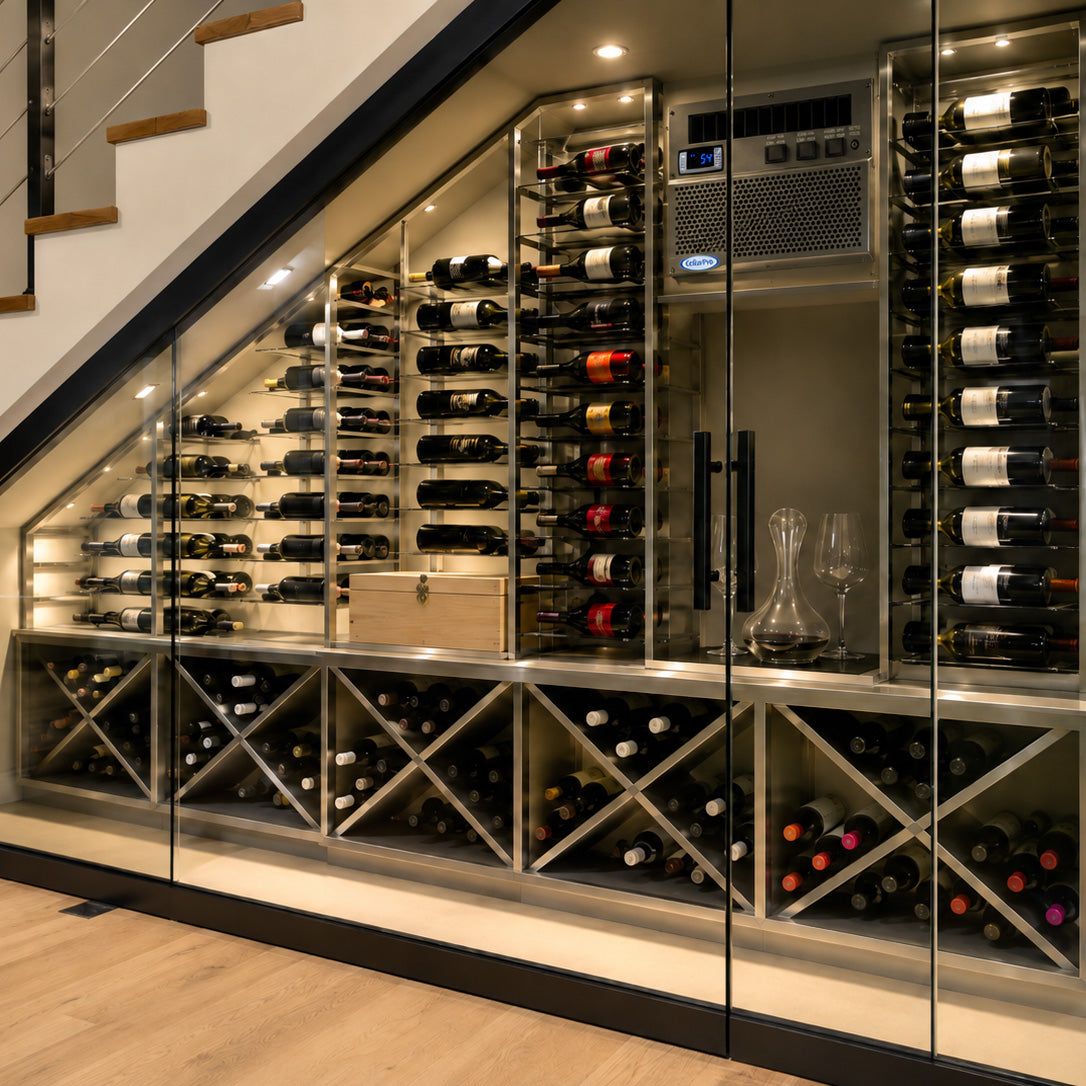 Glass-door wine cooling cabinet with rows of wine bottles and illuminated interior racks