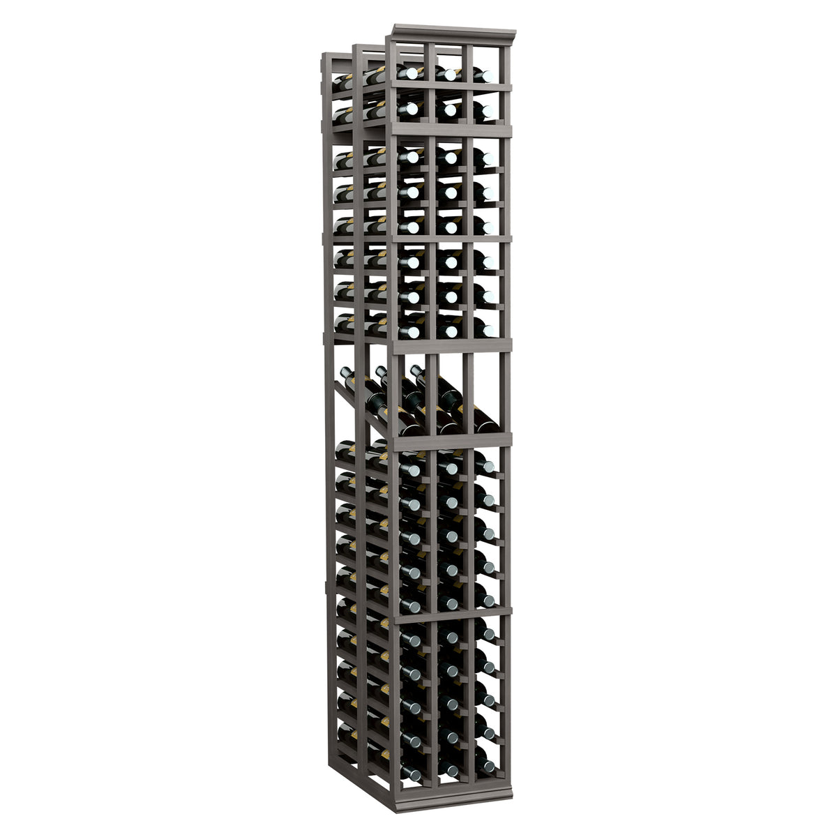 Three-column double-deep wine display rack, dark/black wood frame with bottle slots