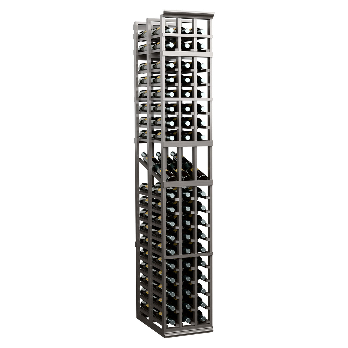 Three-column double-deep wine display rack, dark/black wood frame, front bottle openings