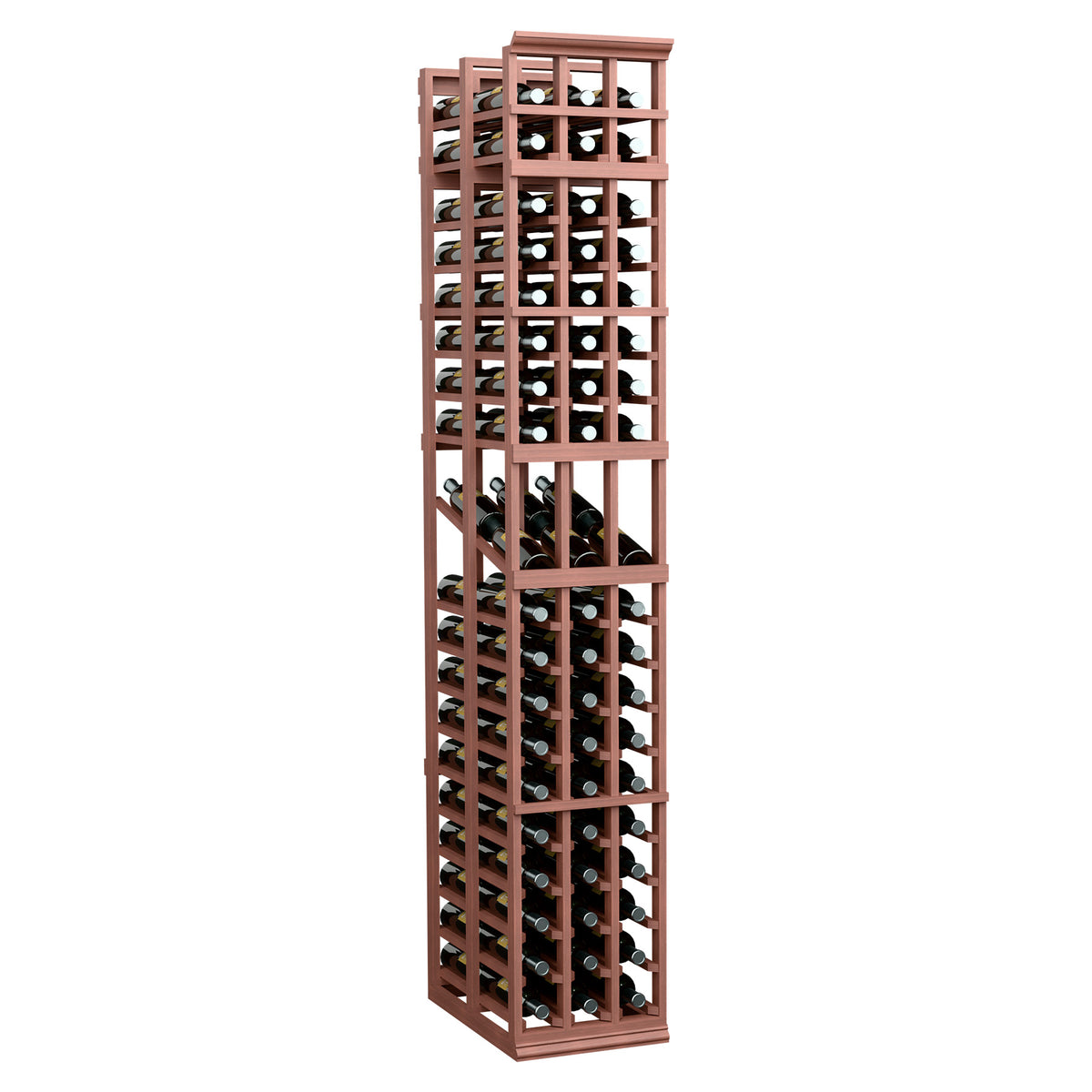 Three-column double-deep wine display rack, reddish-brown wood frame with bottle slots