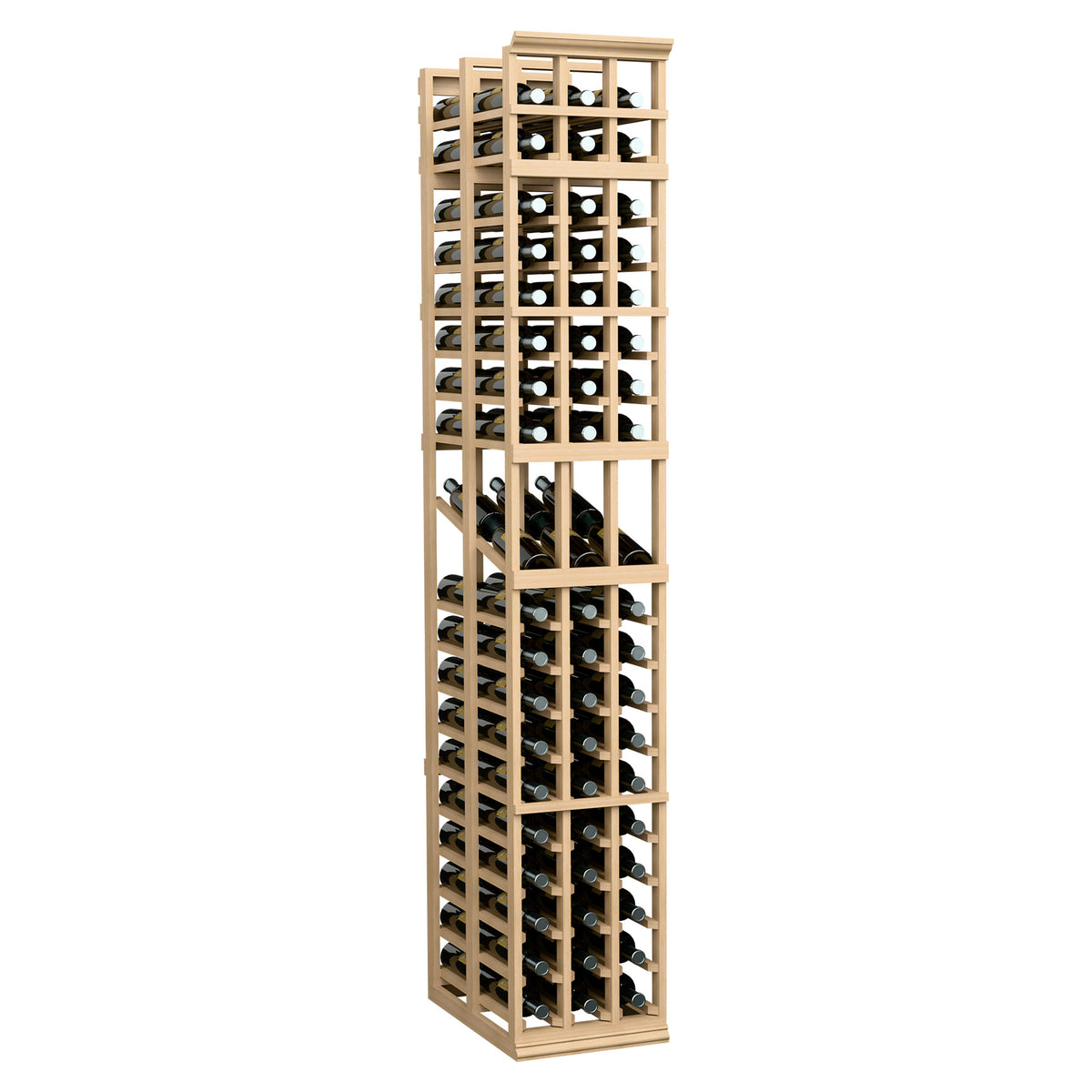 Three-column double-deep wine display rack, light wood frame with bottle slots