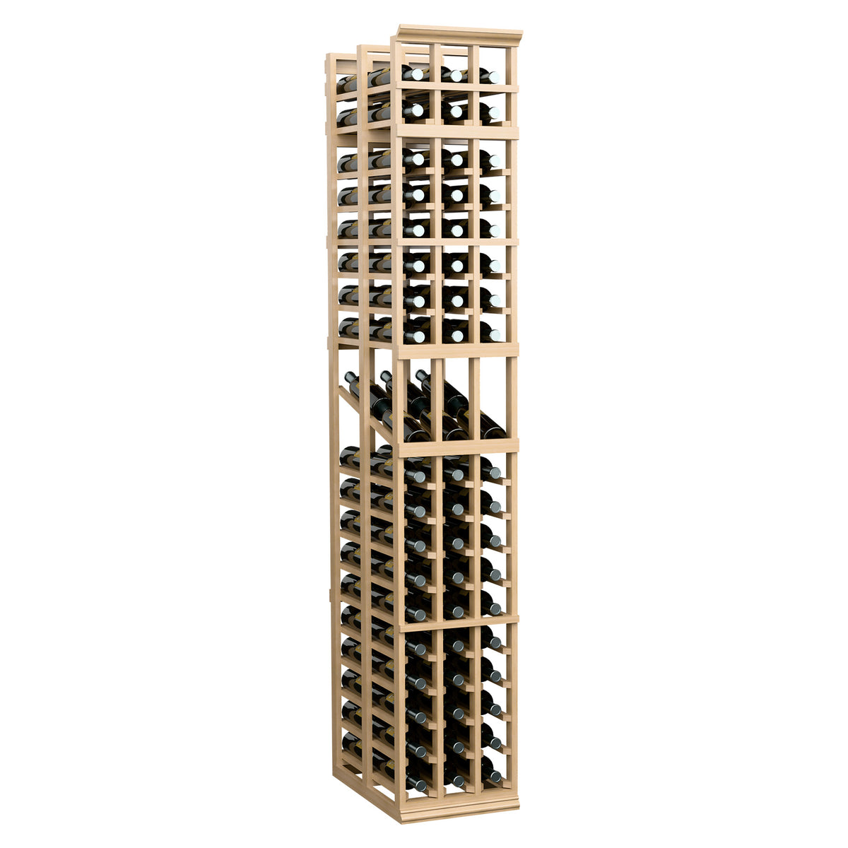 Three-column double-deep wine display rack, light wood frame, front bottle openings