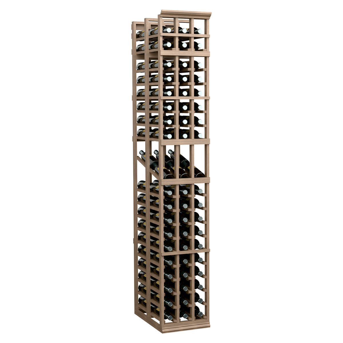 Three-column double-deep wine display rack, wheat-colored wood frame with bottle slots