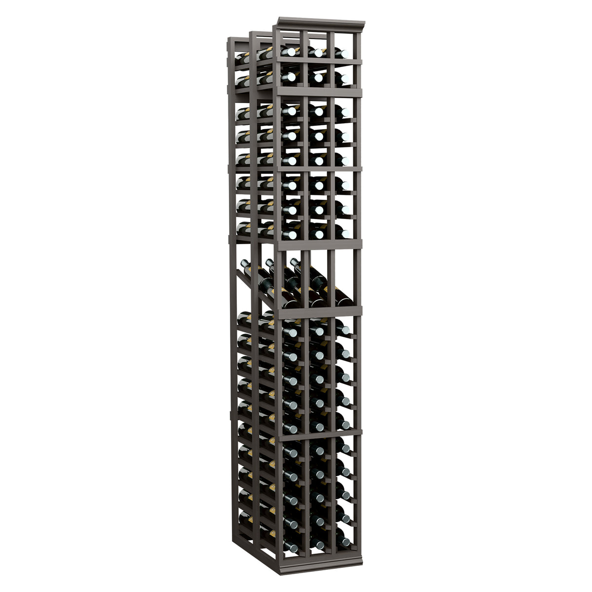 Three-column double-deep wine display rack, black wood frame with bottle slots