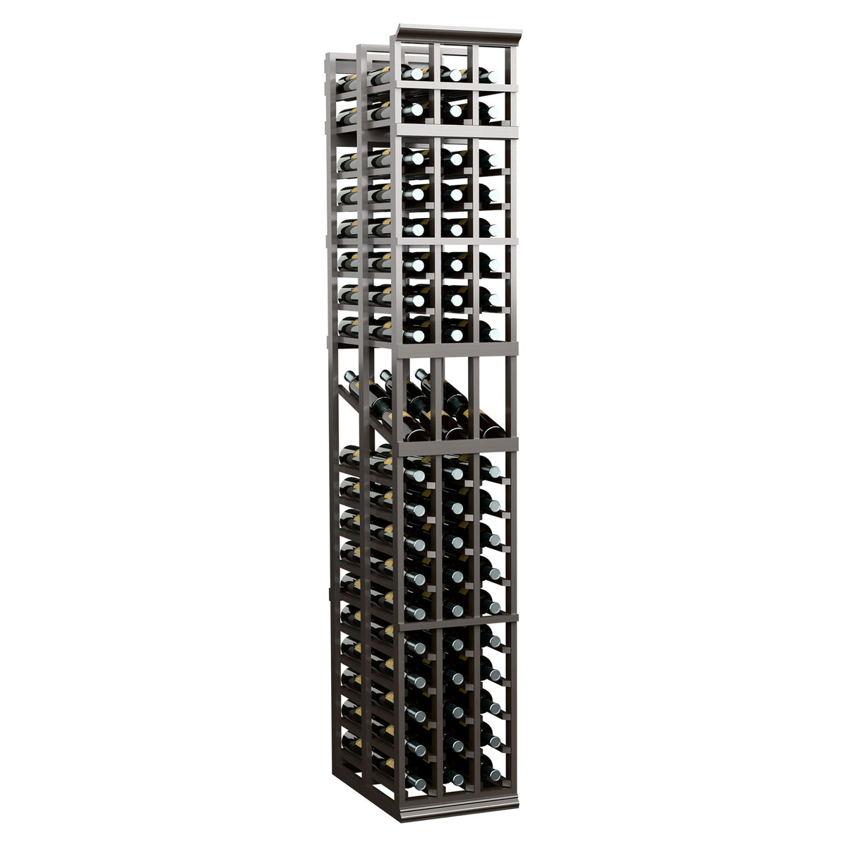 Three-column double-deep wine display rack, dark wood frame, front bottle openings