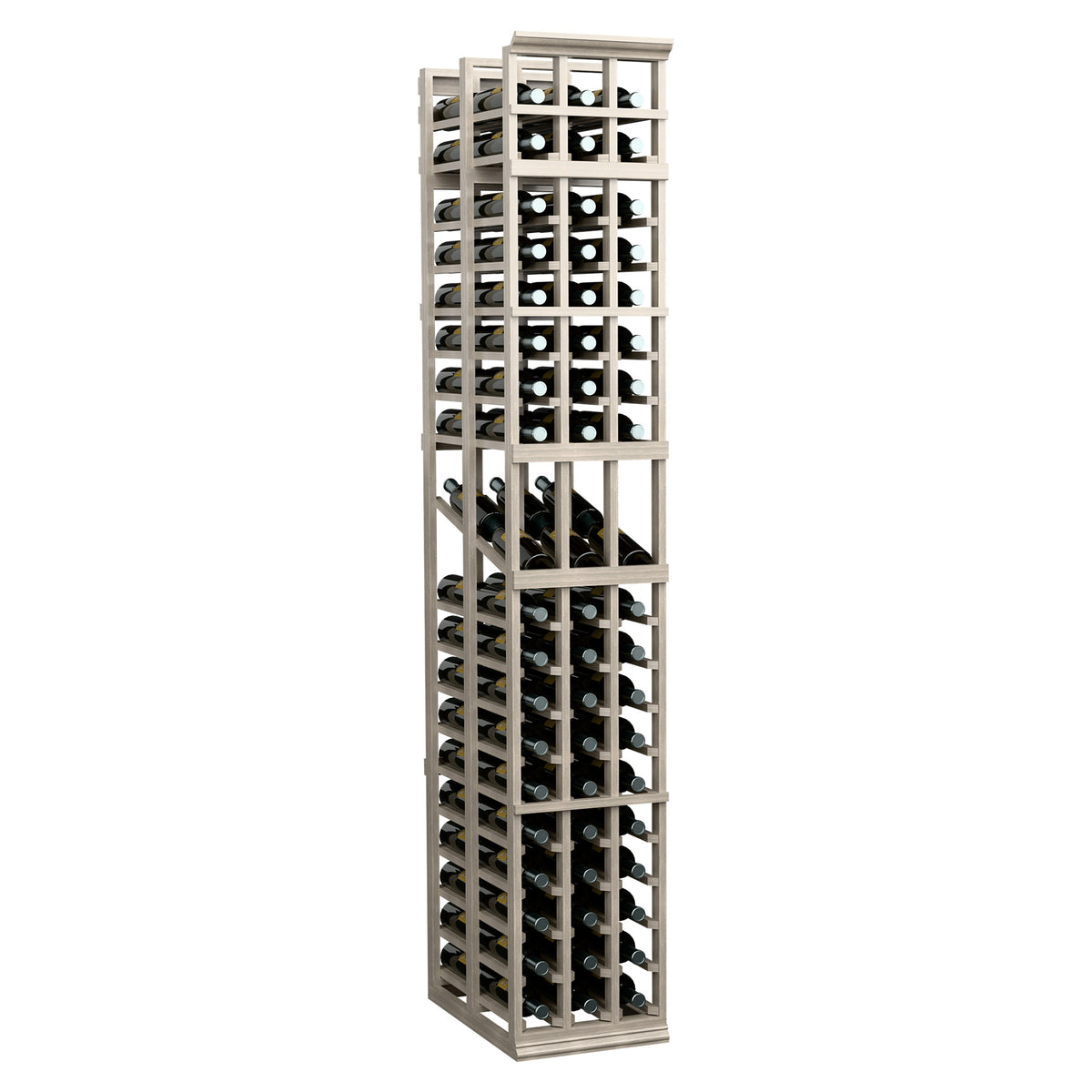 Wine display rack, light grey wood, 3 columns, double-deep wine bottle slots