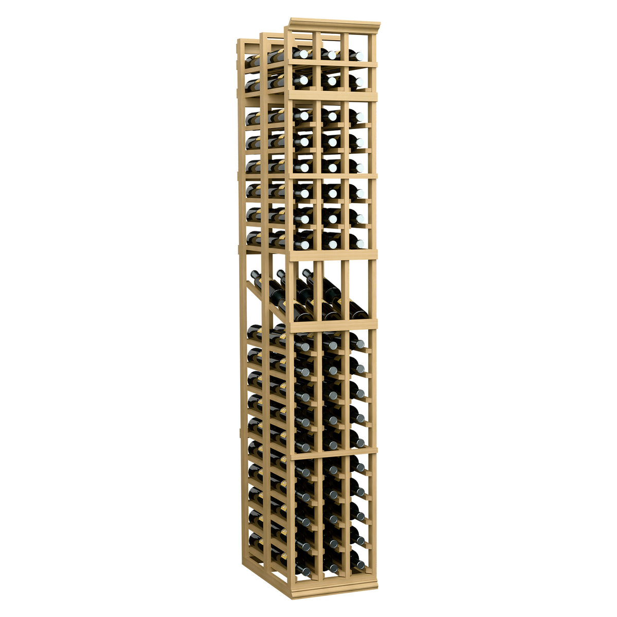 Wine display rack, warm light wood, 3 columns, double-deep bottle storage