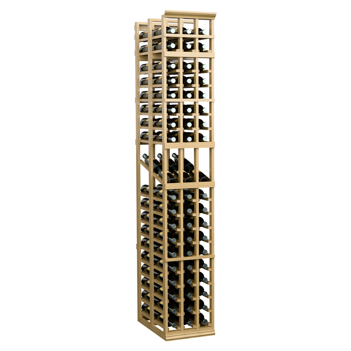 Wine display rack, warm light wood, 3 columns, double-deep wine bottle racks