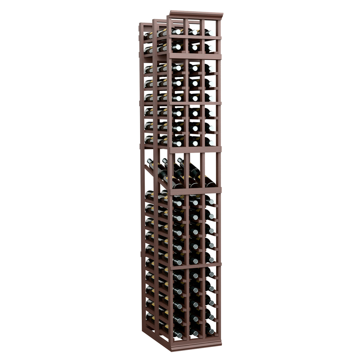 Wine display rack, dark brown wood, 3 columns, double-deep bottle storage