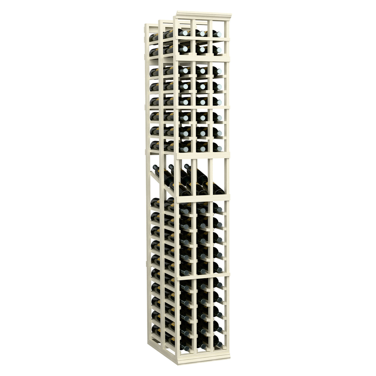 Wine display rack, white wood, 3 columns, double-deep bottle storage