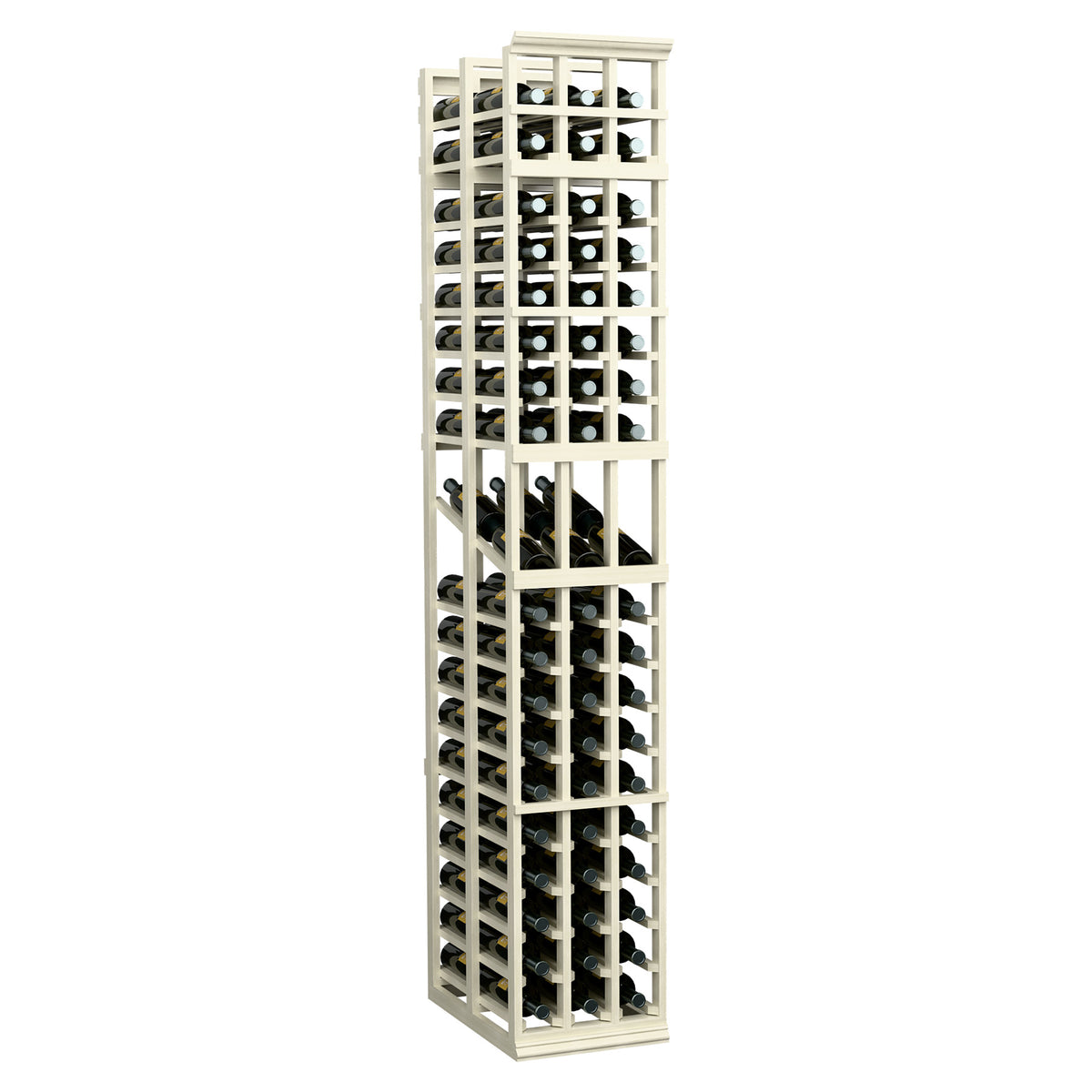 Wine display rack, white wood, 3 columns, double-deep wine bottle slots