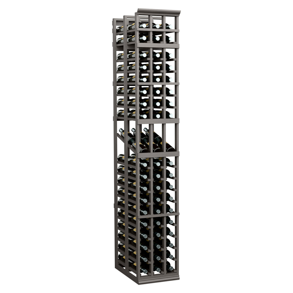 3-column double-deep wine display rack with dark frame and bottle rows