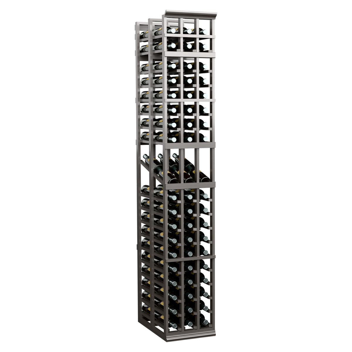 3-column double-deep wine display rack with dark frame and square bottle openings