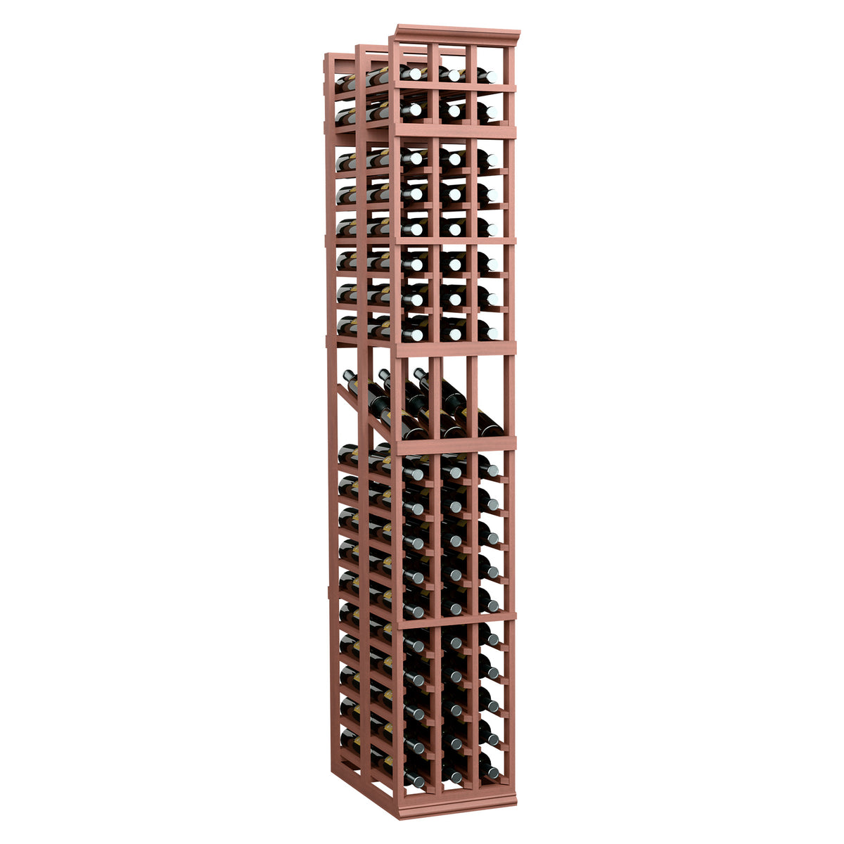 3-column double-deep wine display rack with warm brown frame and bottle rows